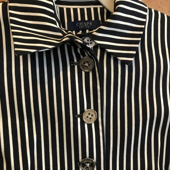 Sz L Chaps Black White Pinstriped LS Button Up Blazer, Cotton - Picture 2 of 8
